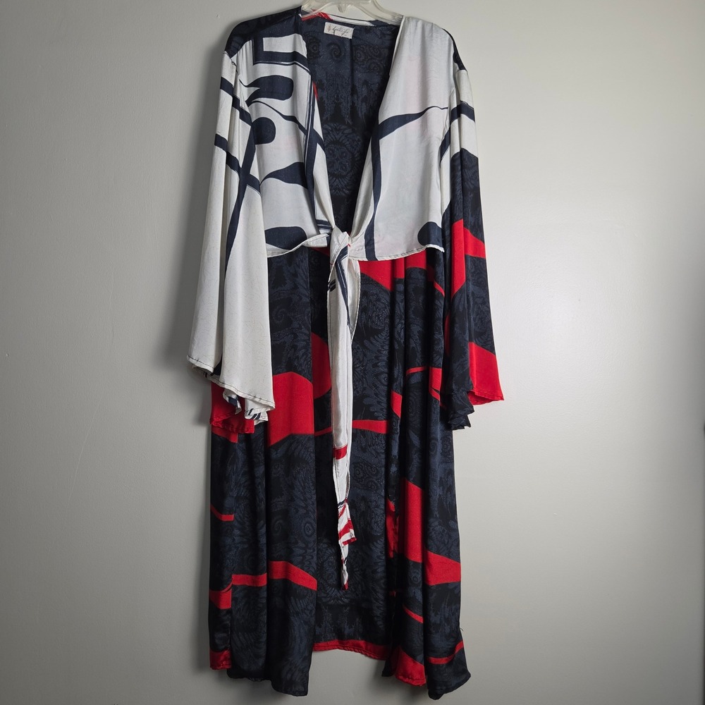 Kantha Bae Free Size Duster Kimono Maxi Tie Front Black Red White Abstract Print